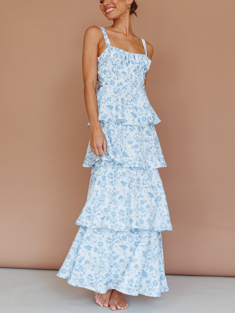 Provence Bloom Tiered Maxi Dress - Blue