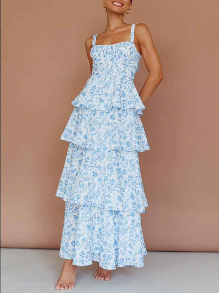 Provence Bloom Tiered Maxi Dress - Blue