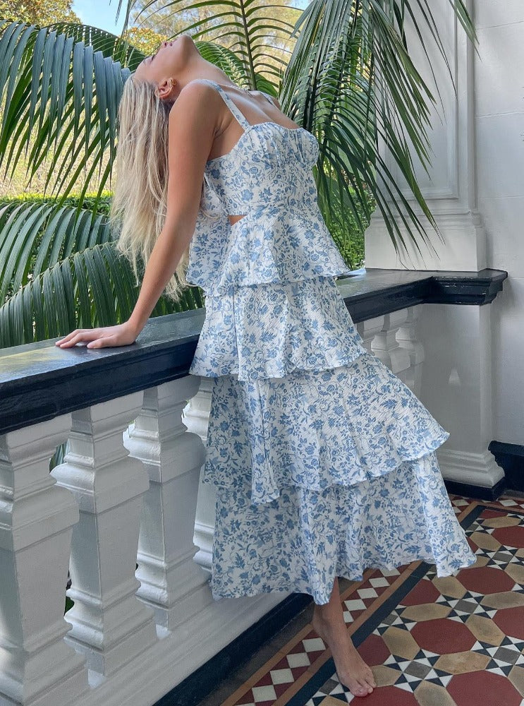 Provence Bloom Tiered Maxi Dress - Blue