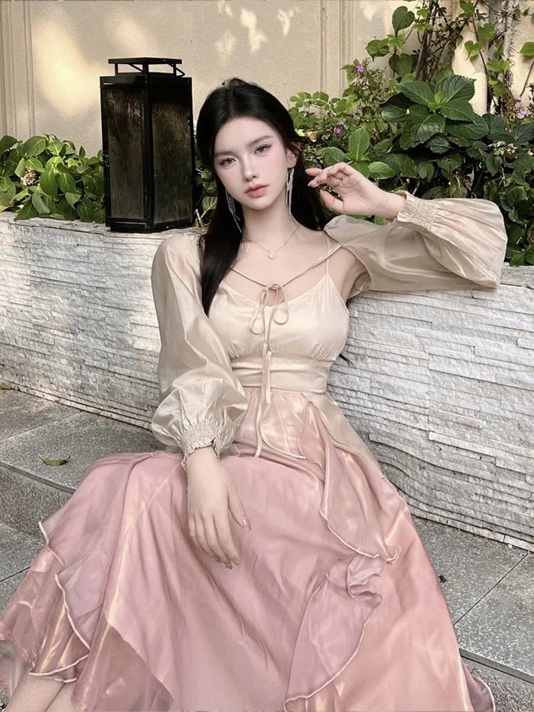 Summer French Evening Party Midi Dress Pink Korean Style Sweet Dress Female Bubble Sleeve Fairy Dress