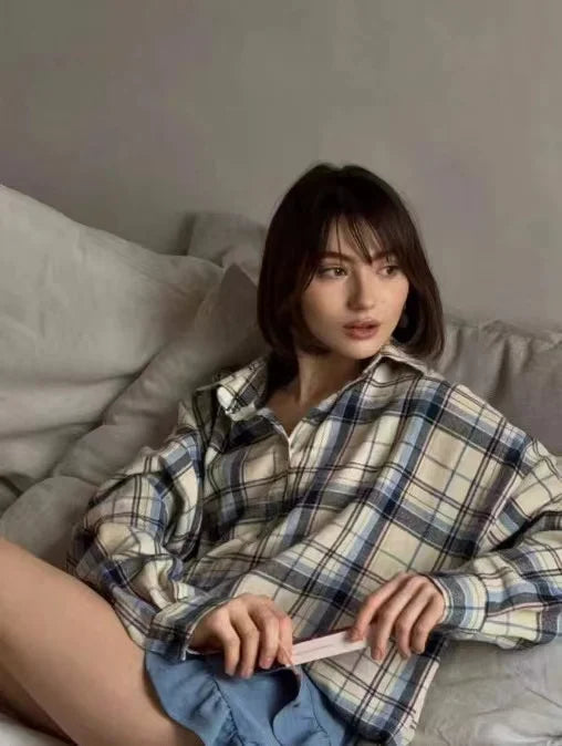 Summer Oversized Plaid Shirt Long Sleeve Loose Fit Blouse Autumn Female Office Shirt Tops for Woman