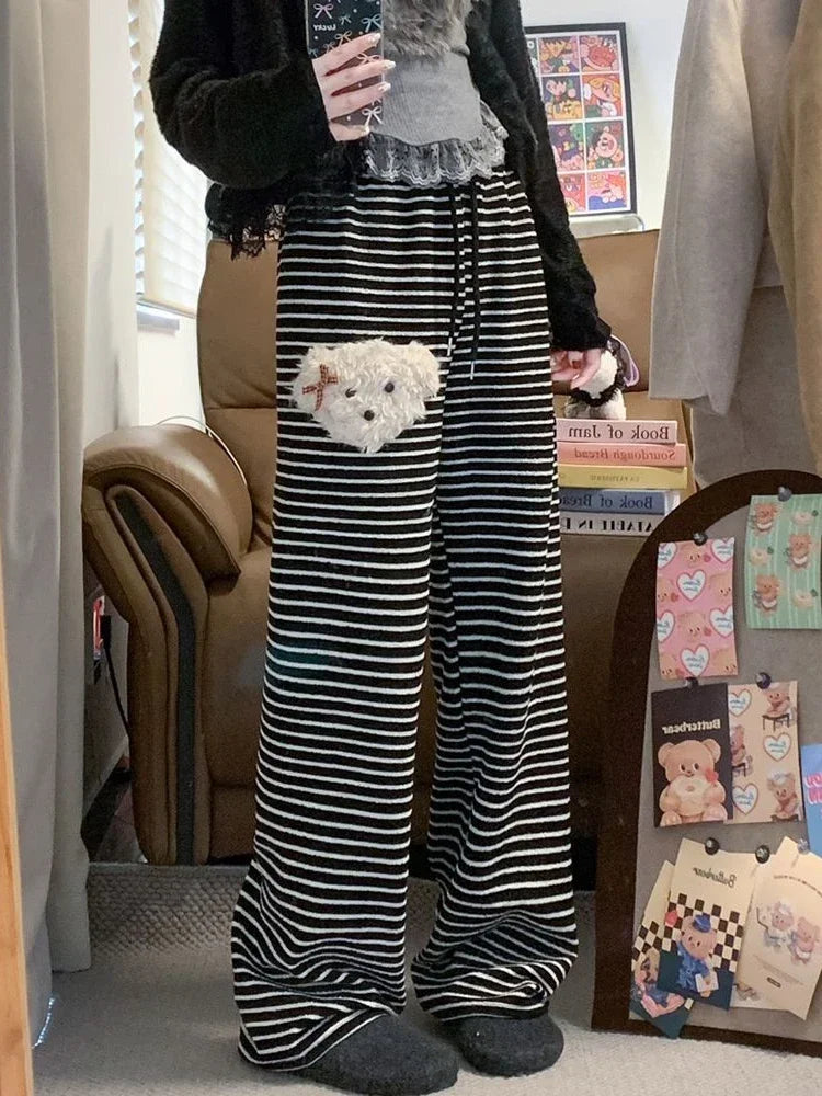 Stripe Dog Graphic Sweatpants Cutecore Cartoon Embroidery Wide Leg Straight Pants Korean Thick Warm Winter Bottoms
