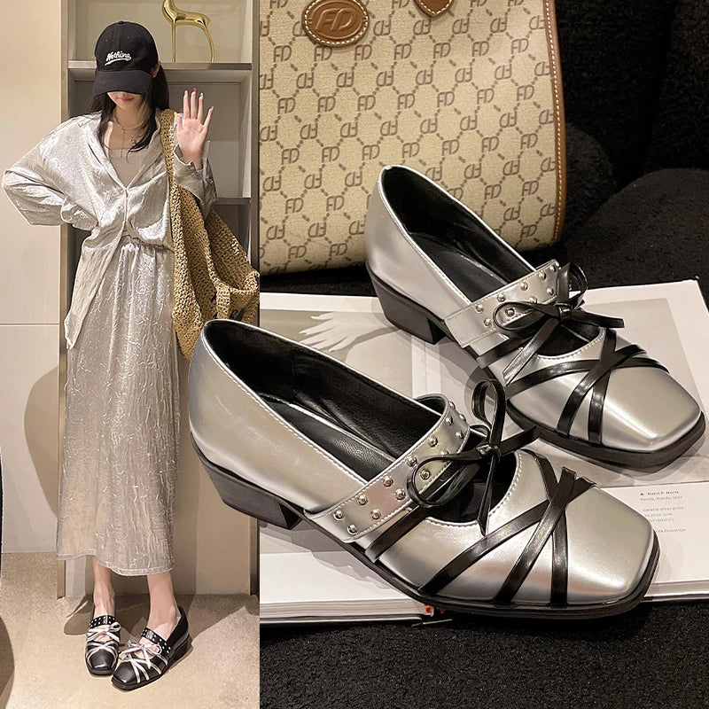 Bow Mid Heels Shoes Cross Belt Office Designer Sandals Summer Dress Loafers Chunky Shallow Punk Zapatos Mujer Pumps