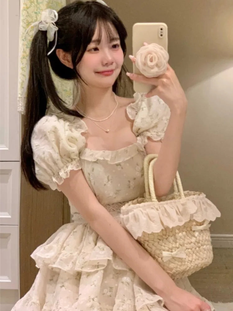 Print Dresses for Spring Summer Sweet Puff Sleeves Party Birthday Mini Dress Princess Vestidos New