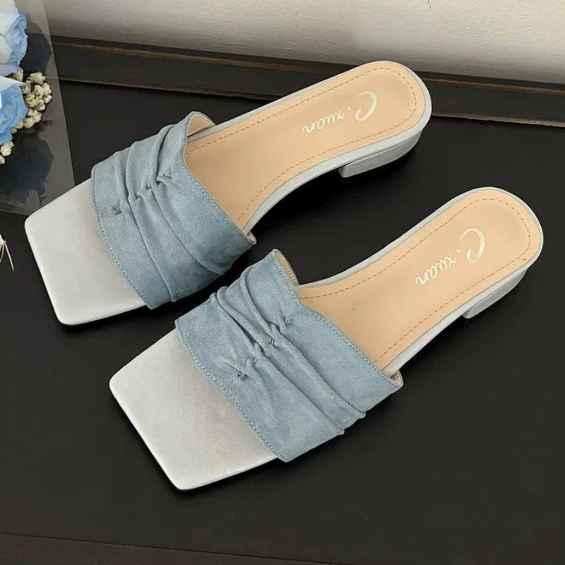 Square Toe Slippers Low Heel Slides Female Comfort Nonslip Summer New Sandals Flats Beach Shoes