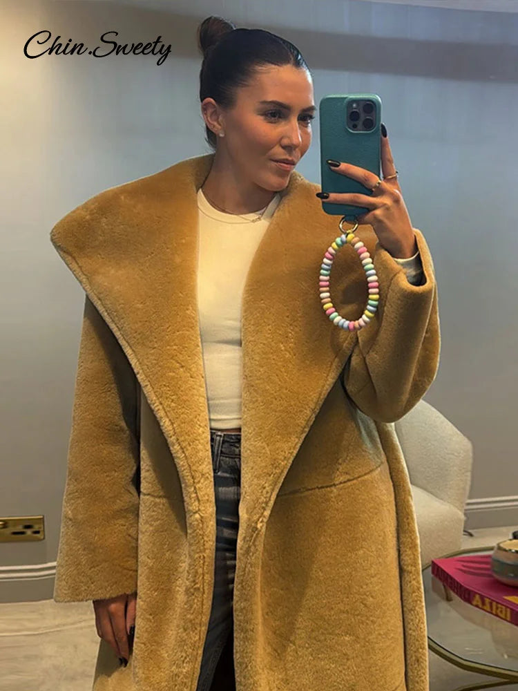 Furry Faux Fur Long Coats With Belt Big Lapel Long Sleeve Pocket Plush Overcoats Lady Winter High Street Outwear