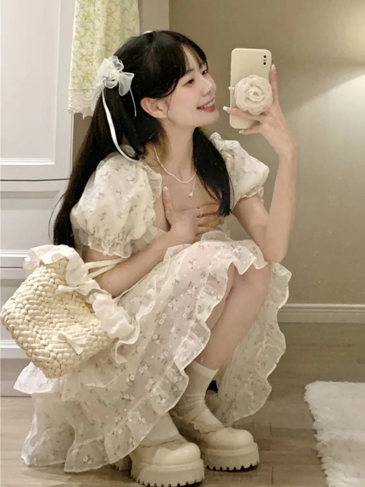 Print Dresses for Spring Summer Sweet Puff Sleeves Party Birthday Mini Dress Princess Vestidos New