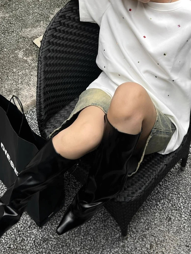 Woman Tight Bodycon Jeans Tiedyed Denim Knee Length Shorts Basic Simple Classical Hot High Street Gyaru Kpop 90s