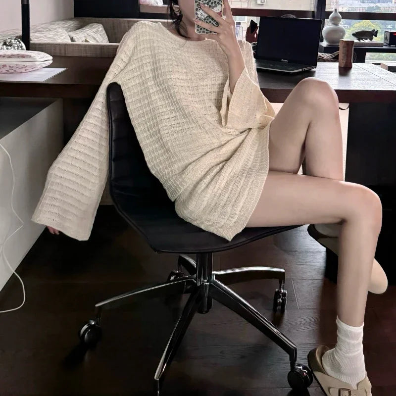Autumn New Oneck Color All Match Hollow Flare Sleeve Sweater + High Waist Knitted Skirt Twopiece Suit