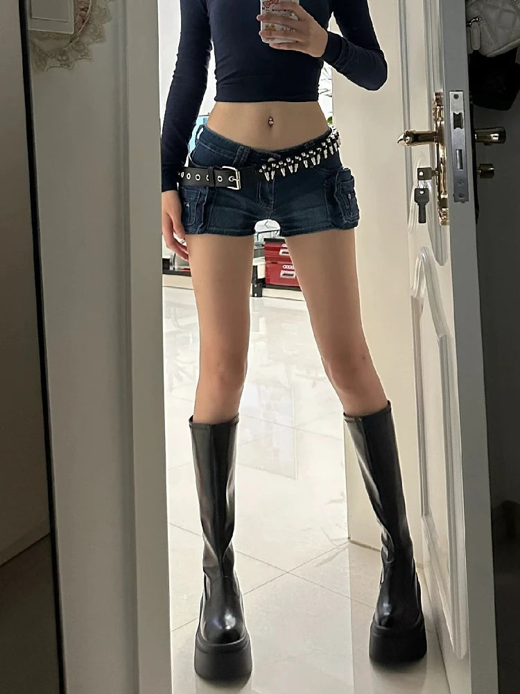 Woman Hot Slim Pants Low Waist Jean Color Wash Shorts Denim Shorts With Belt Classical Gyaru Dark Academia