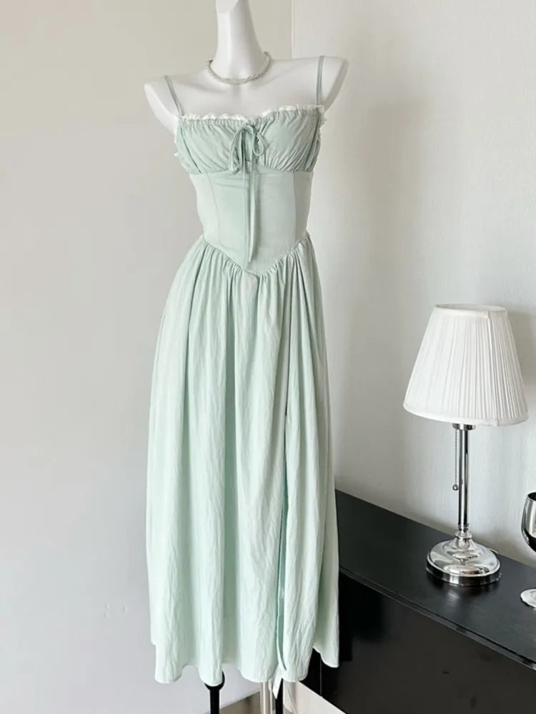 Summer New Spaghetti Strap Backless Midi Dresses for Lace-up Sleeveless Beach Style Korean One Piece Vestido Mujer