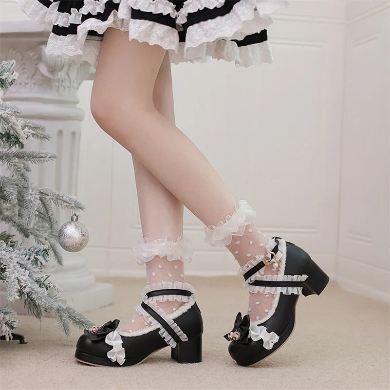 Lolita Pumps Round Toe Thick Mid Heels Cross Strap Buckle Bow Kawaii Cosplay Shoes Winter Beige 46