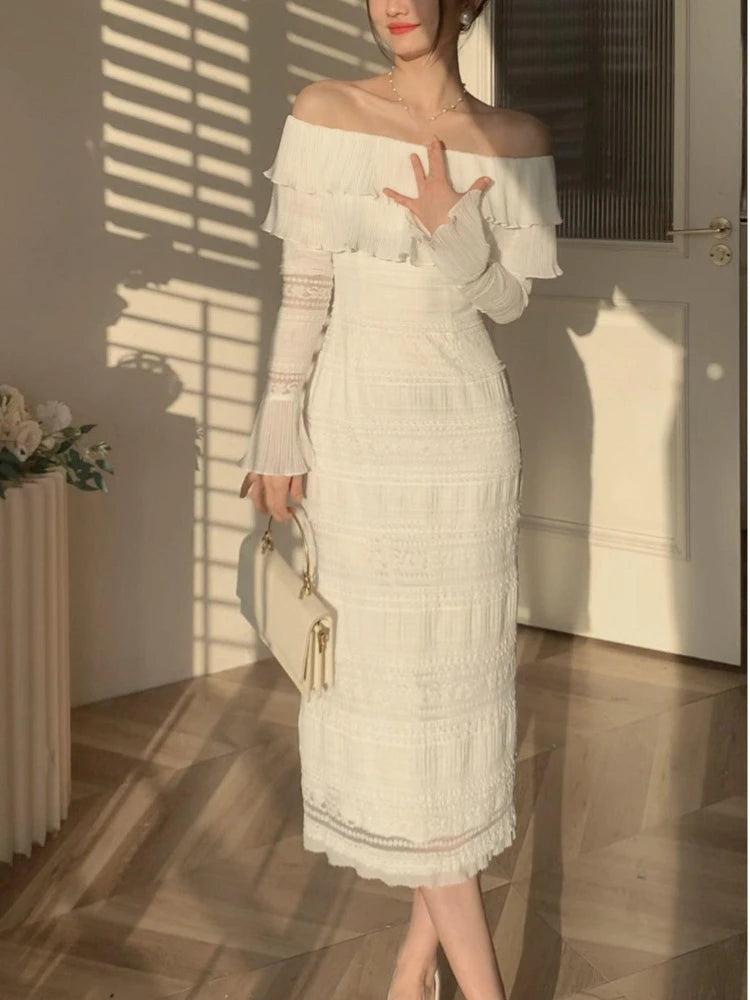 White Midi Dress Office Lady Long Sleeve Beach Party Bodycon Dress Summer One Piece Dress Korean