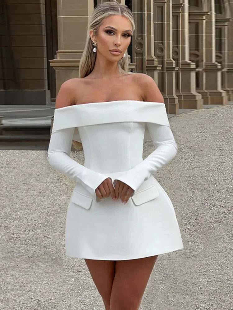 One-shoulder A-line Dress for Autumn New Slim Mini Dress Flare Long Sleeve Splice Female Party Dresses