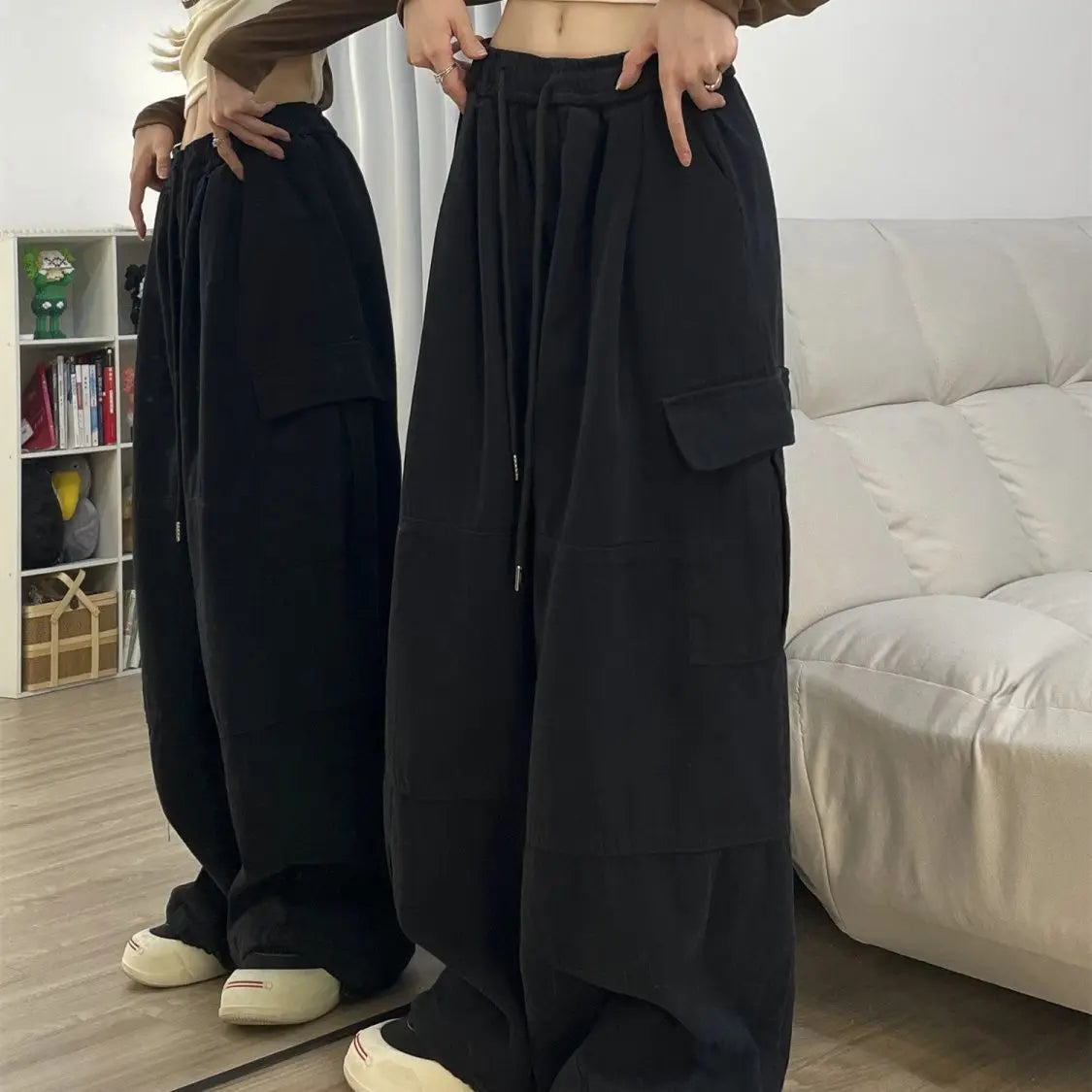 Baggy Cargo Pants Y2k Sweatpants Drawstring High Waist Pocket Patchwork Wide Leg Pants Oversize Trousers