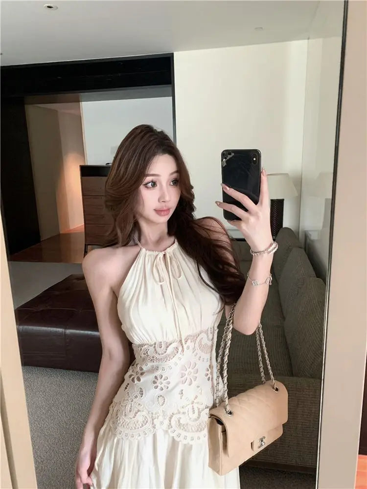 Lace Patchwork Hanging Neck Dress Summer Waist Cinched Sleeveless Spicy Girl Temperament Aline Long Dresses