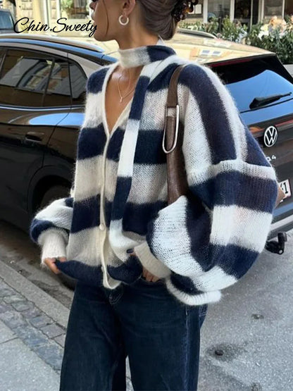 Loose Mohair Striped V-neck Cardigan With Scarf Lantern Sleeve Single Breasted Knitwear Lady New
