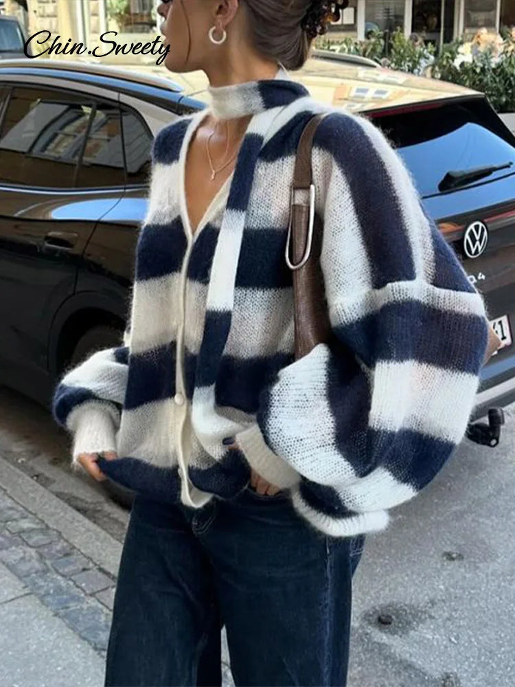 Loose Mohair Striped V-neck Cardigan With Scarf Lantern Sleeve Single Breasted Knitwear Lady New