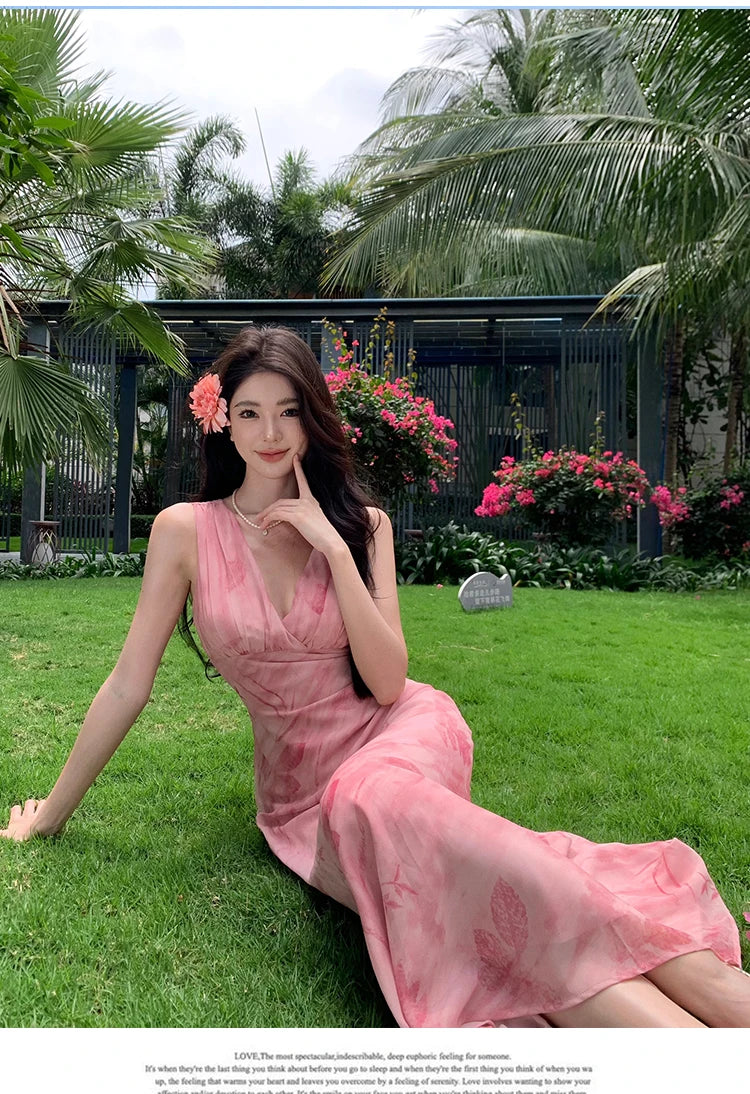 Print Long Dresses Vneck Sleeveless Bodycon Evening Party Dress New Slim Waist Vestidos Mujer New Robe