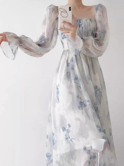 Autumn Printed Midi Dress Lantern Sleeve Square Collar Slim Waist Vestidos Holiday Outfits