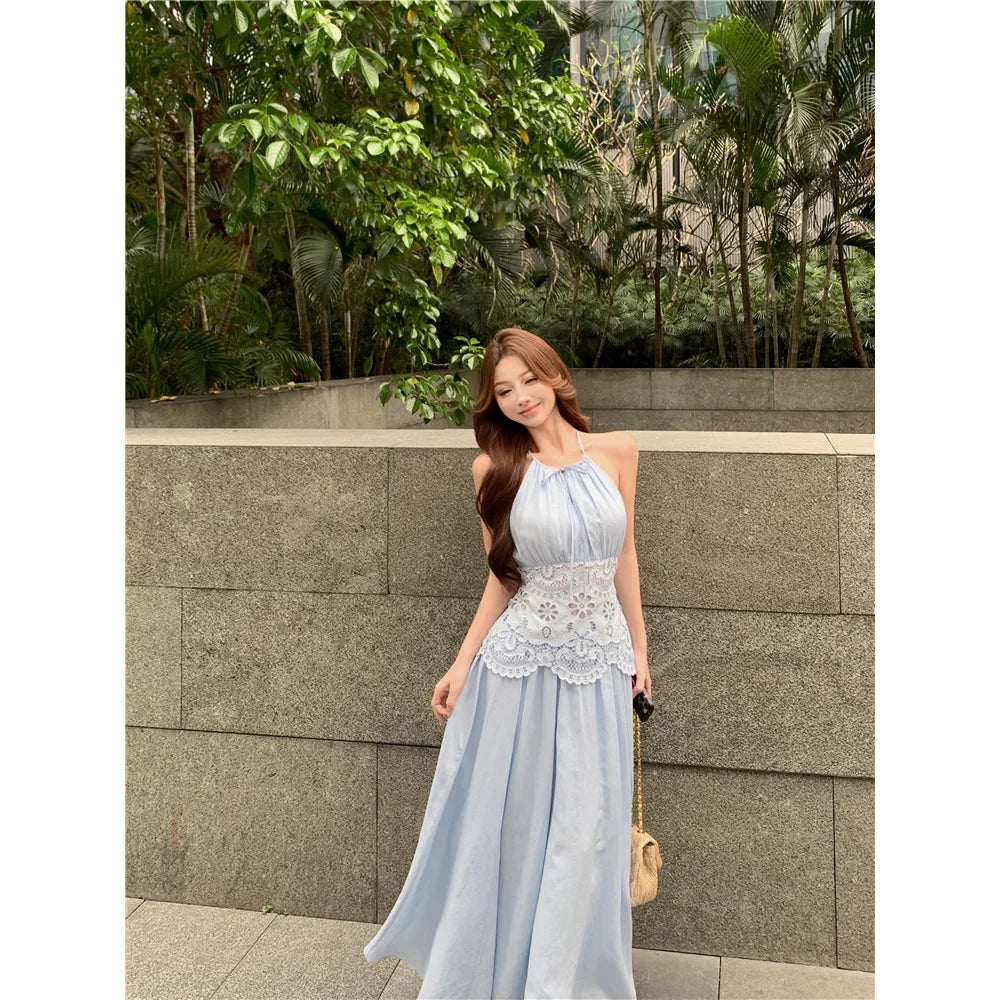 Lace Patchwork Hanging Neck Dress Summer Waist Cinched Sleeveless Spicy Girl Temperament Aline Long Dresses