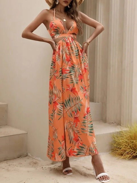 Print Halter Neck Slit Dresses Deep V-neck Hollow Out Backless Bowknot Leace-up Long Dress Female Vestidos