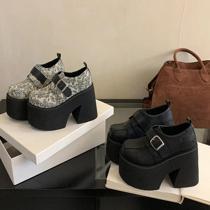 Chunky Platform Buckle Strap Pumps Street Style Round Toe Very Square High Heels Stripper Club Female Shoes