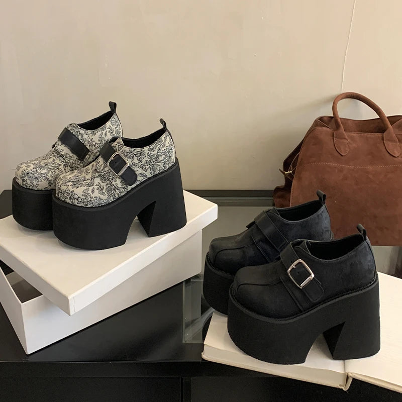 Chunky Platform Buckle Strap Pumps Street Style Round Toe Very Square High Heels Stripper Club Female Shoes