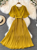 Pleated Dress Summer Short Sleeve V-neck Dresses a Line High Waisted Midi Dress
