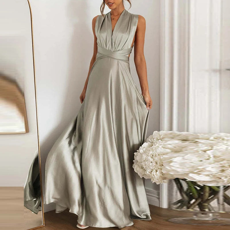 Off Shoulder High Waist Satin Long Dress Color V Neck Sleeveless Dress New Cross Backless Laceup Party Dress