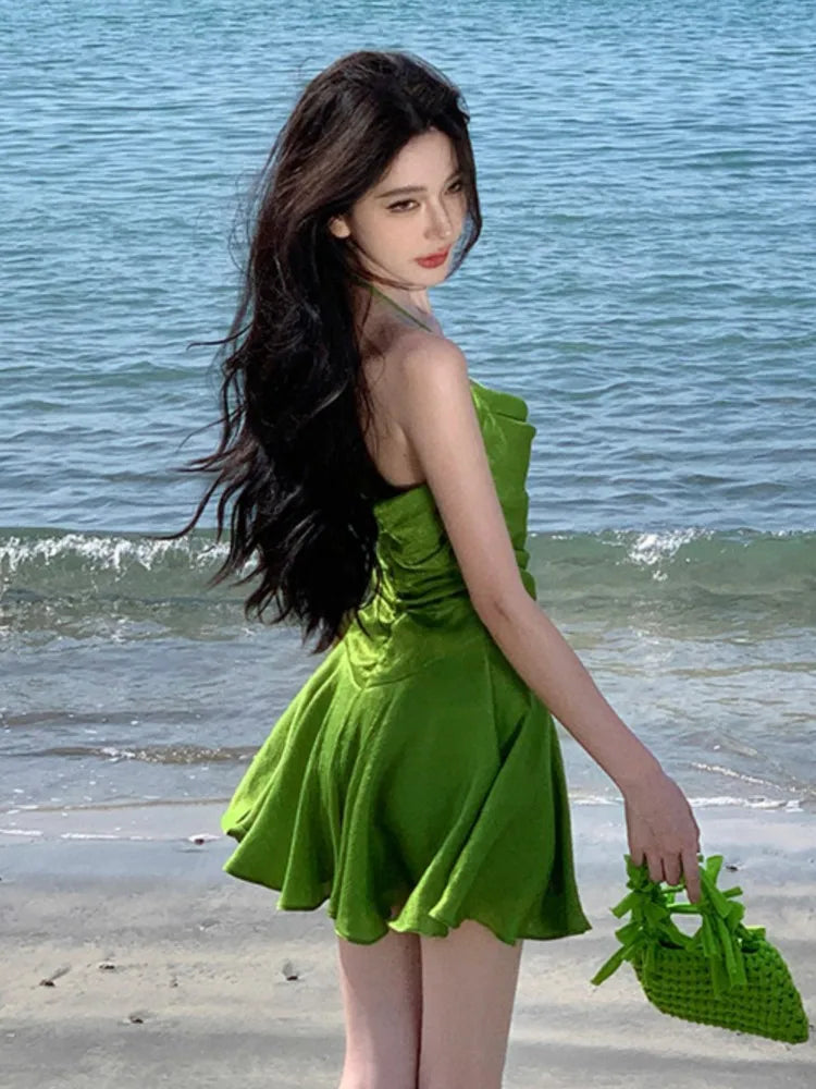 Sweet Green Mini Dress for Halter Sleeveless Party Dresses Summer Holiday Pleated Aline Short Vestidos Mujer