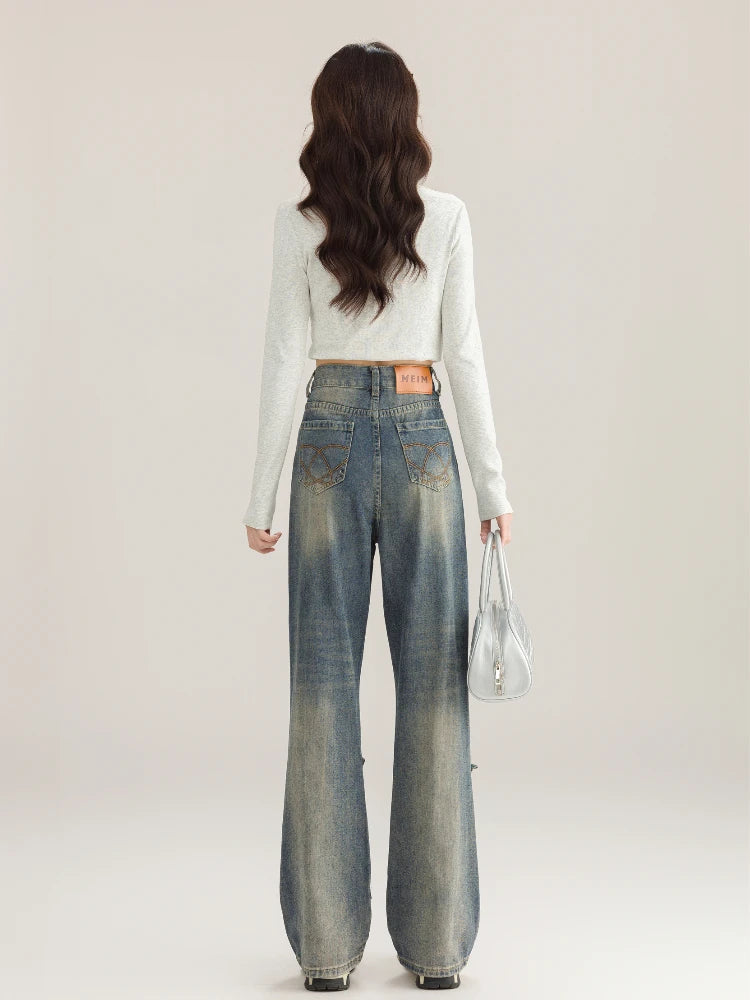 Blue Flared Jeans Kawaii Wide Leg Pants With Bow Korean Style Spring Cutecore High Wasit Denim Trousers