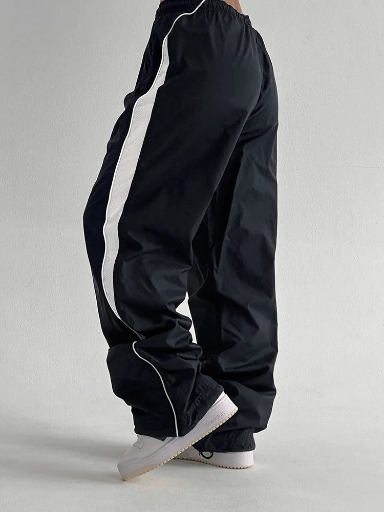 American Retro Straight Leg Track Pants Side Contrast Patchwork Elastic Waist Hippie Jogging Trousers