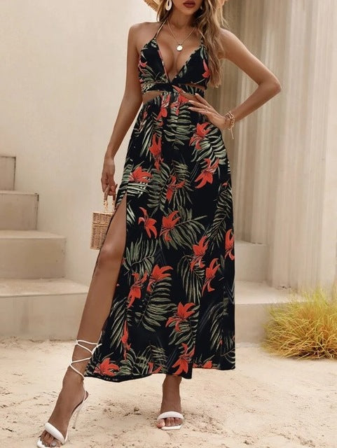 Print Halter Neck Slit Dresses Deep V-neck Hollow Out Backless Bowknot Leace-up Long Dress Female Vestidos