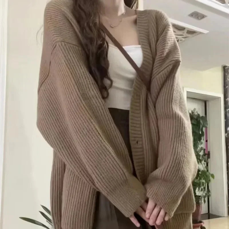 Autumn Winter Cardigan Sweater Coats Female Long Sleeve V-neck Loose Knitted Jackets Sweater Cardigans