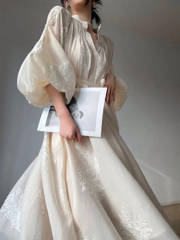 France Lantern Sleeve Embroidery Midi Dress for Spring Autumn New V Neck Lace Up Vestidos Korean Clothes