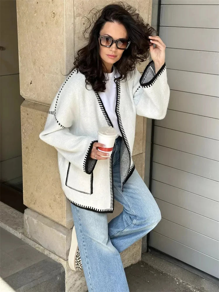 Knit Contrast Cardigan Sweater for Lace-up Pocket Long Sleeve Patchwork Loose Coat Autumn Knitwear ’s Outwear