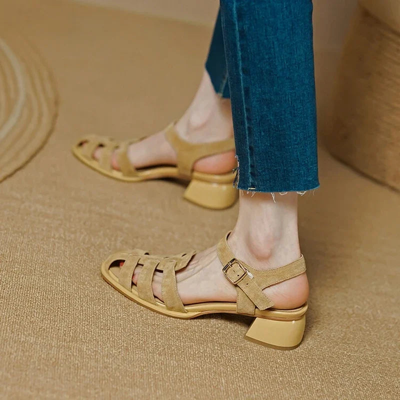 New Summer Sandals Sheep Suede Leather Shoes for Round Toe Chunky Heel Shoes Cover Toe Sandals Gladiator Shoes