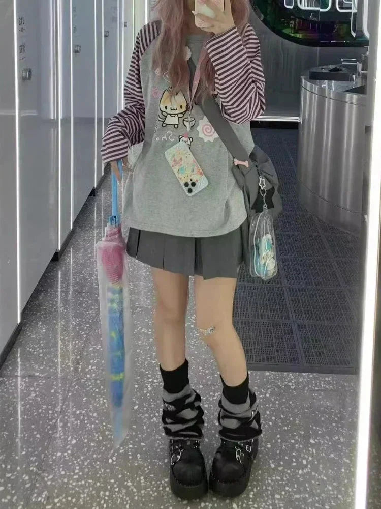 Harajuku Stripe T Shirt E-girl Kawaii Chinese Panda Graphic T-shirts Cutecore Cartoon Raglan Sleeve Clothes Autumn