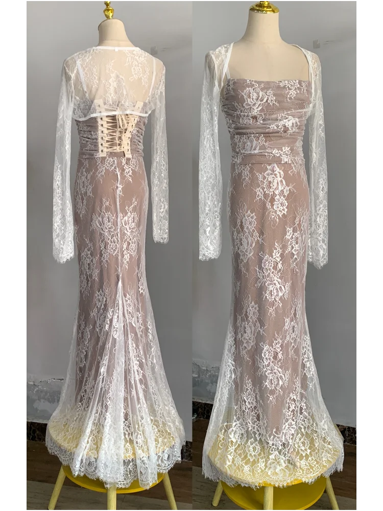 Bodycon Lace Long Dresses for Wedding Party Dress Spaghetti Strap With Smock French Evening Maxi Vestidos New