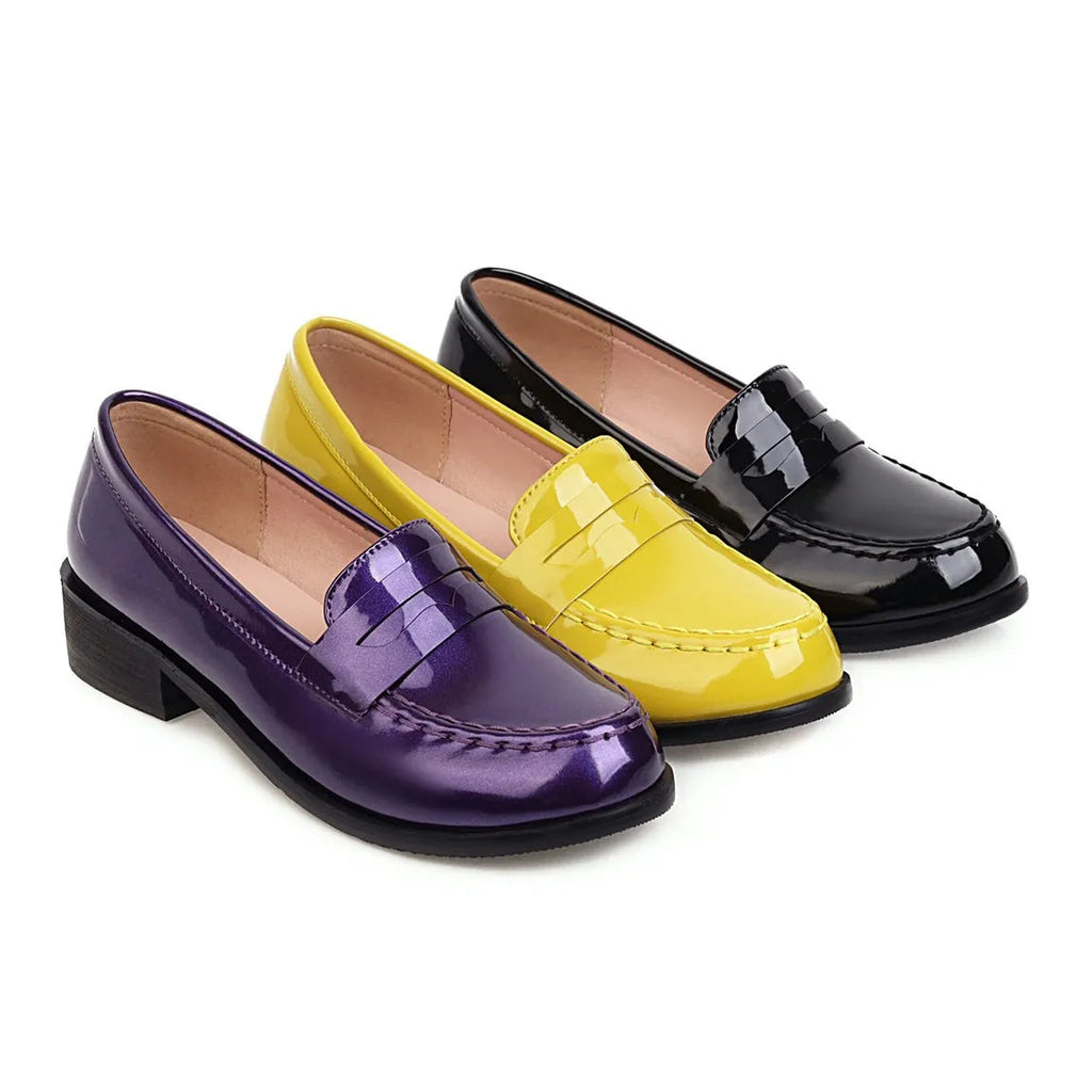 Spring Autumn New Low Heels Loafers Slip on Patent Leather Daily Work Shoes Purple Black Yellow 41 42 43