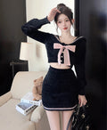 Sweet Hot Girl College Style Suit Autumn and Winter Bow Sweater Wrap Hip Mini Skirt Twopiece Set Female Clothes