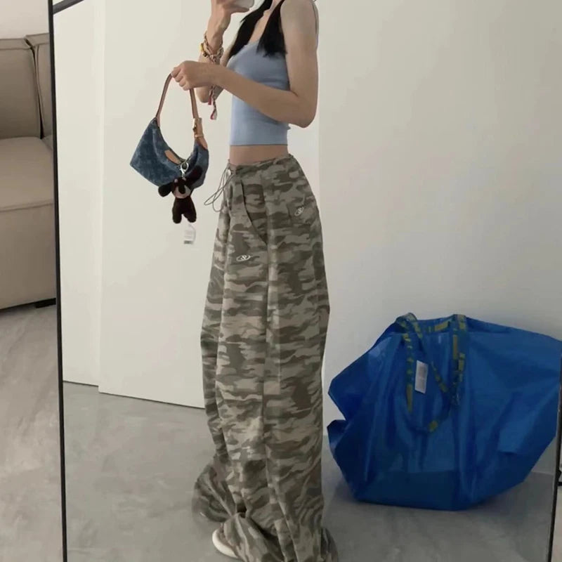 Y2k Camouflage Pants Hip Hop Baggy Pants Korean Drawstring Oversize Low Waist Summer Trousers