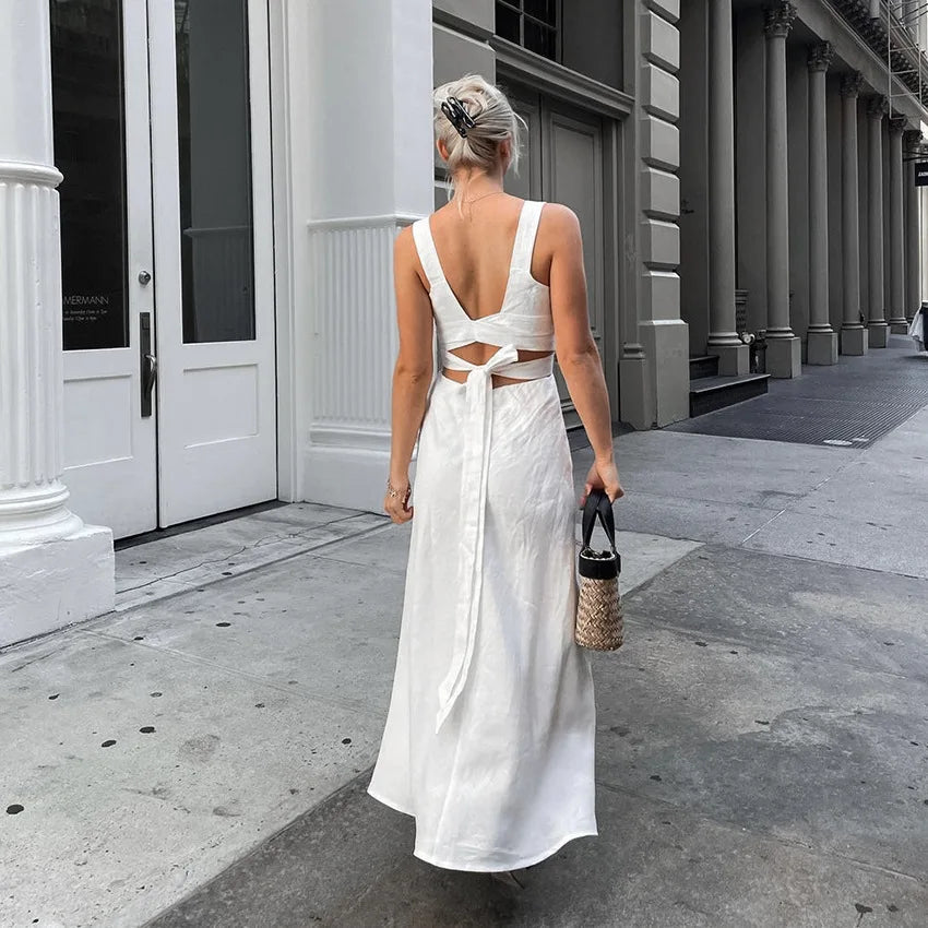 Summer White Midi Dress New Sleeveless Waist Hollow Out Long Dresses Lace-up Vestidos