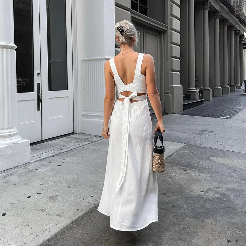 Summer White Midi Dress New Sleeveless Waist Hollow Out Long Dresses Lace-up Vestidos