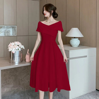 White Midi Dresses for Classy Summer Short Sleeve Vneck Blackless Long Dress Red Bodycon Party Evening Dress