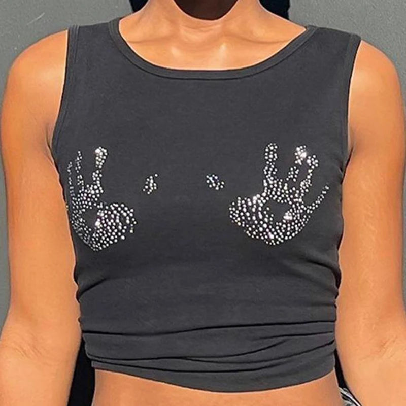 Y2k European and American ’s Summer New Round Neck Hot Diamond Sleeveless Open Navel Slim Fit Tank Top T-shirt Top