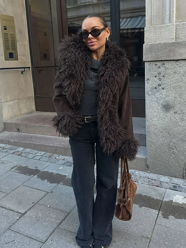 Coffee Fur Patchwork Cardigan Jacket for Long Sleeve Warm Loose Coats Lady High New