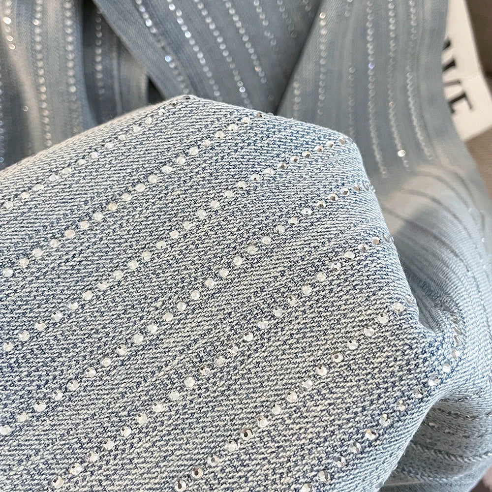 Korean Shiny Hot Diamond Temperament High Waisted Straight Tube Loose and Slimming Narrow Version Wide Leg Denim Pants for
