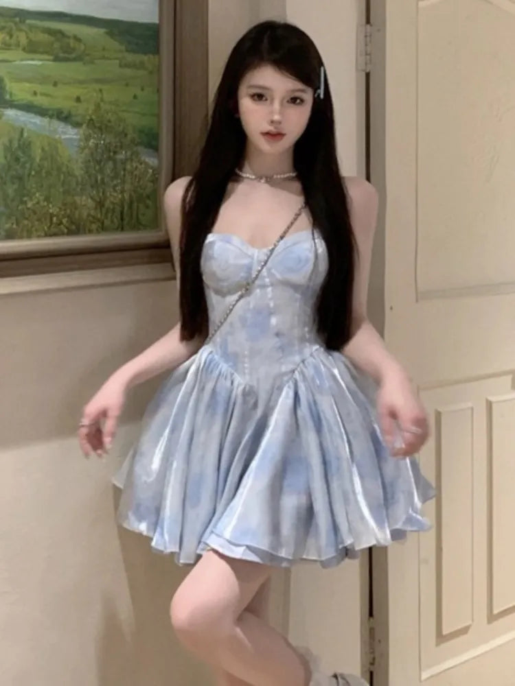 Sweet Strapless Dresses Spaghetti Strap Princess Birthday Party Mini Dress Ball Gown Short Vestidos Outfits